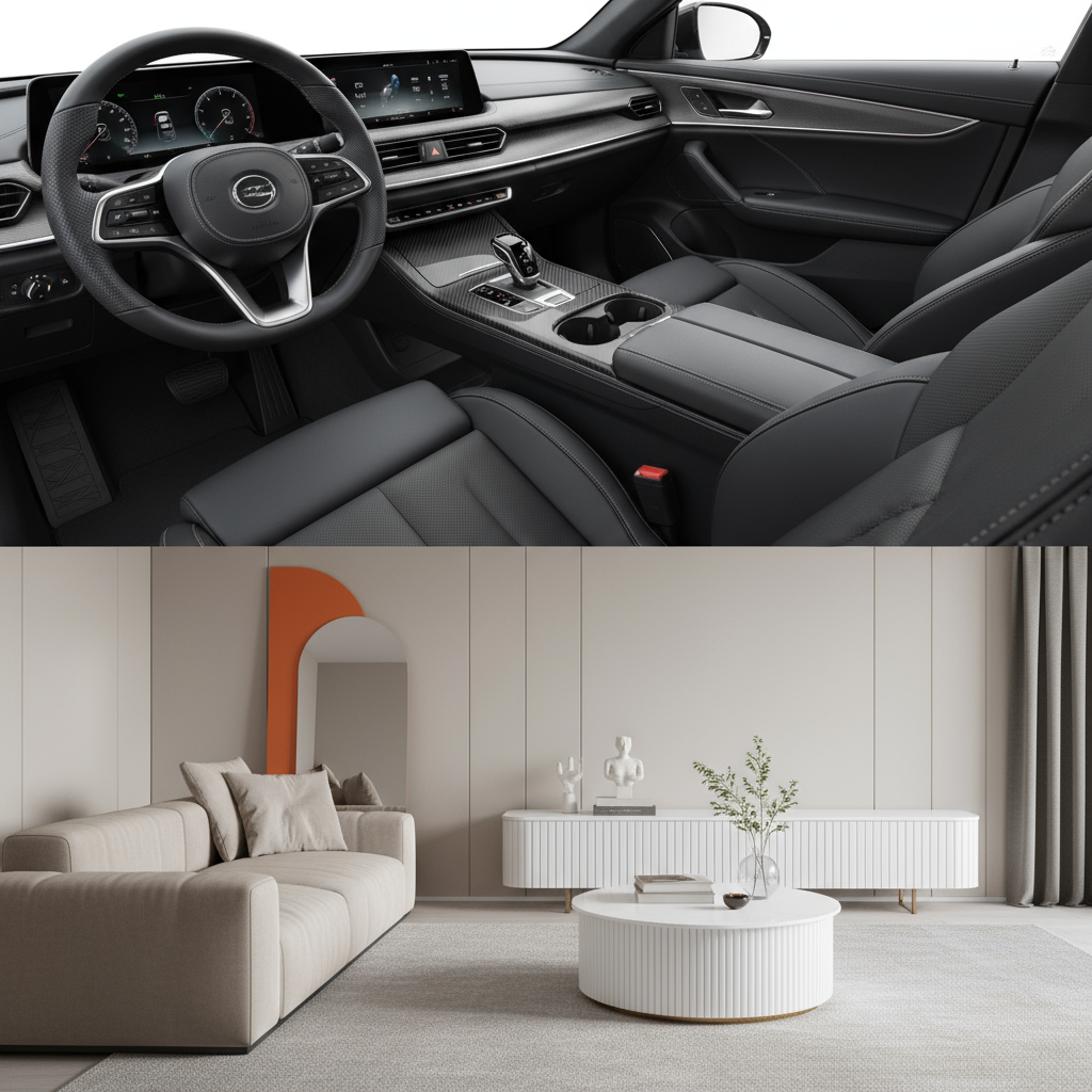 Bil- och heminredning på vit bakgrund